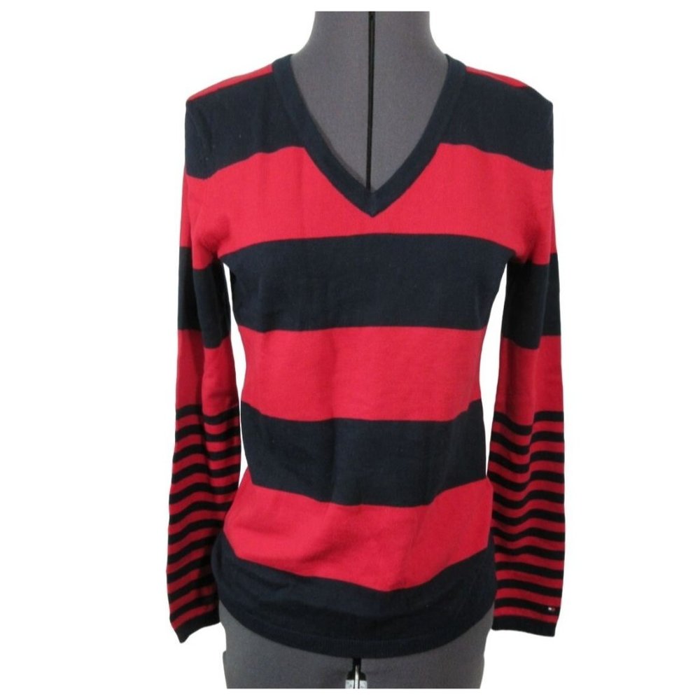 Tommy Hilfiger preppy striped v-neck knit rugby‎ pullover